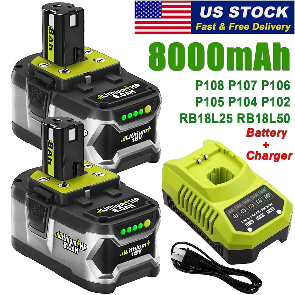 2X 8.0Ah 18Volt For RYOBI P108 18V OnePlus High Capacity Lithium Battery+Charger