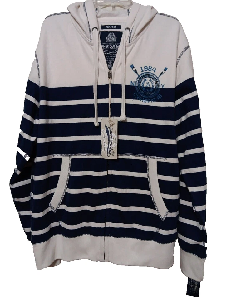 Chaqueta con Capucha AMERICAN RAG Cremallera Completa Talla XXL Unisex Blanco Azul Rayas Polar Nueva con Etiquetas Foto 3 de 4
