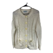 Vintage Ivory Cable Knit Cardigan Sweater Sz Medium Soft Button Grannycore