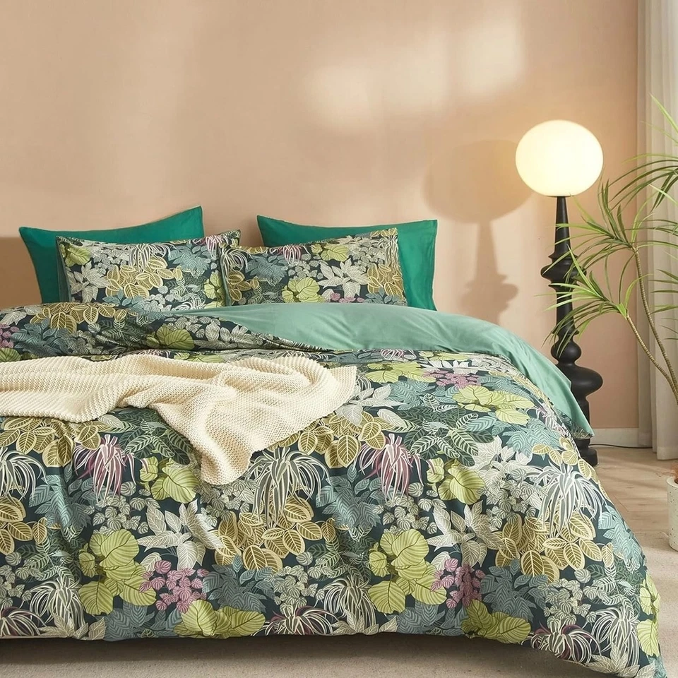 NUEVO Juego de edredón y farsa de ropa de cama boho tamaño king con estampado botánico verde antro Foto 2 de 4
