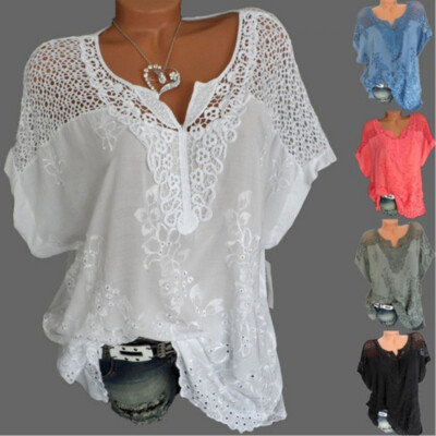 Shirts VNeck Short Loose Size Tee! Blouse Plus Tops Lace Ladies T Womens Sleeve·