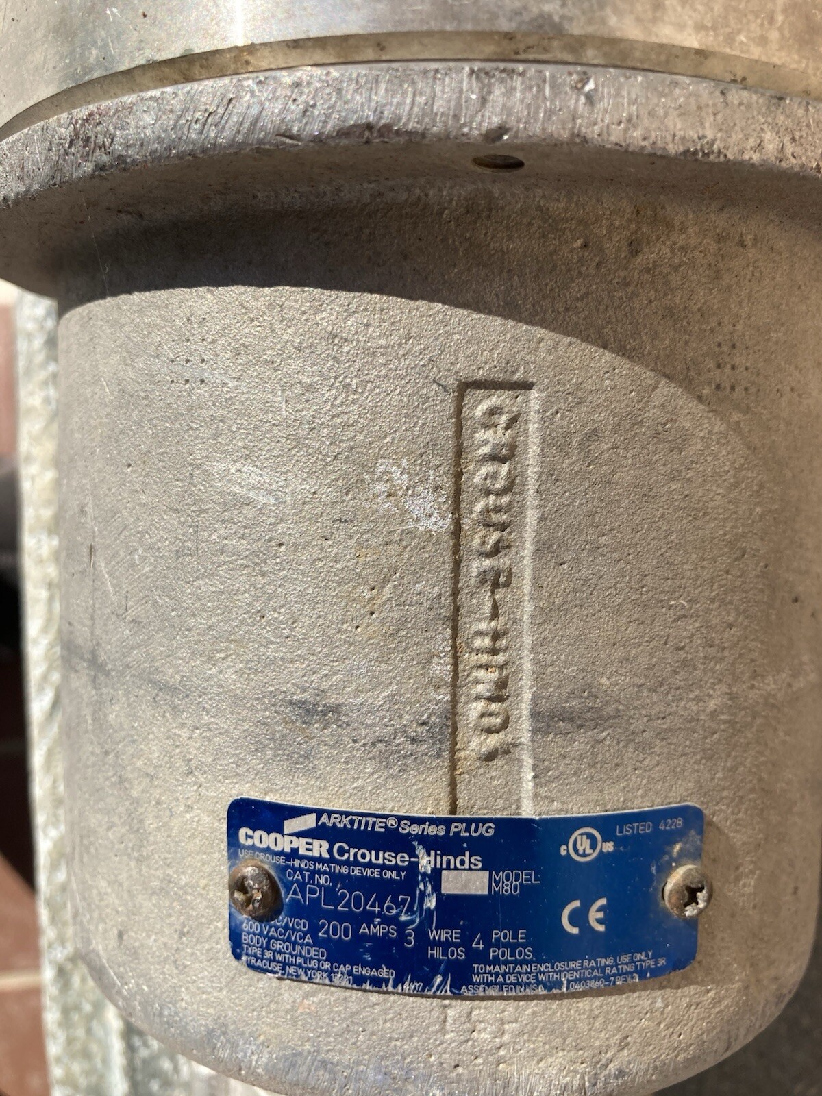 Crouse-hinds arktite plug body grounded APL20467 NNS M80 200AMPS 600 VAC/250 VDC