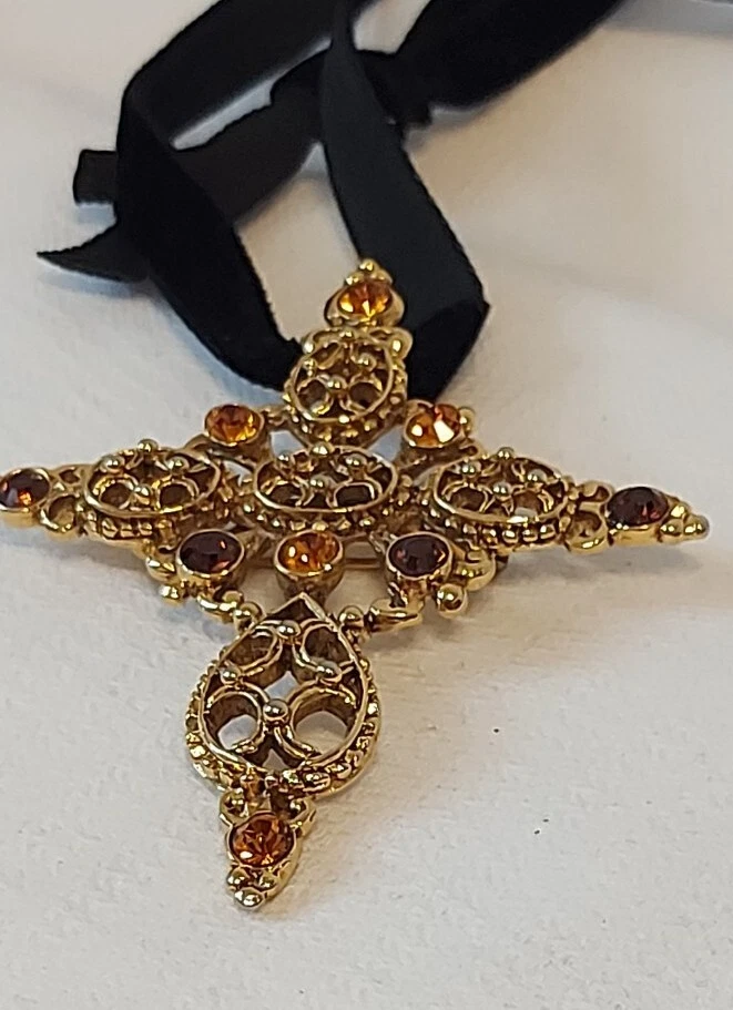 Rene Gouin France XXL Kreuz Anhänger/Brosche Messing Kristalle Halskette - Bild 4 von 4