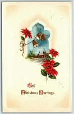 Embossed Postcard~ With Christmas Greetings~ Bells, Holly, Village