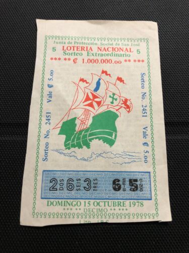🇨🇷COSTA RICA OLD LOTTERY TICKET • OCTOBER 15, 1978 • RAFFLE 2451 • - Picture 1 of 2