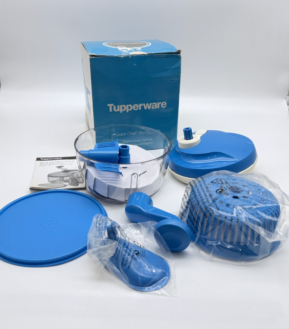 NEW Blue TUPPERWARE Quick Chef Food Pro Processor Chopper Mixer Whisk Funnel Lid