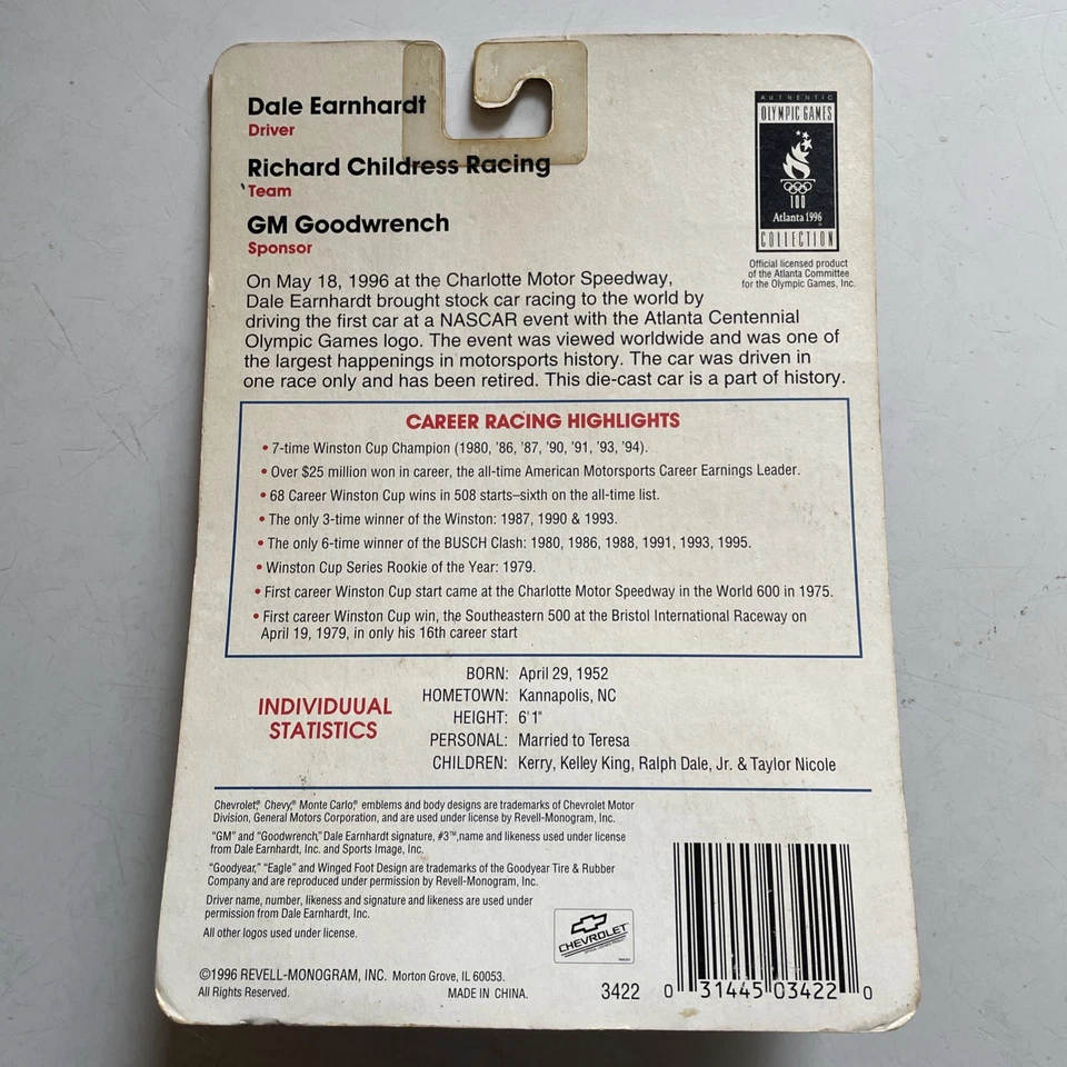 Revell #3 Dale Earnhardt Atlanta 1996 Olympics Goodwrench Monte Carlo Car NOS - Image 4 of 4