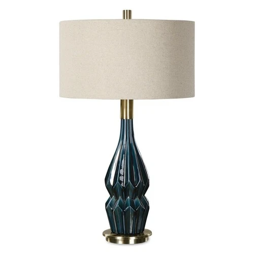 UTTERMOST 27081-1 PRUSSIAN DEEP BLUE CERAMIC GLAZE LINEN DRUM SHADE TABLE LAMP - Picture 4 of 4