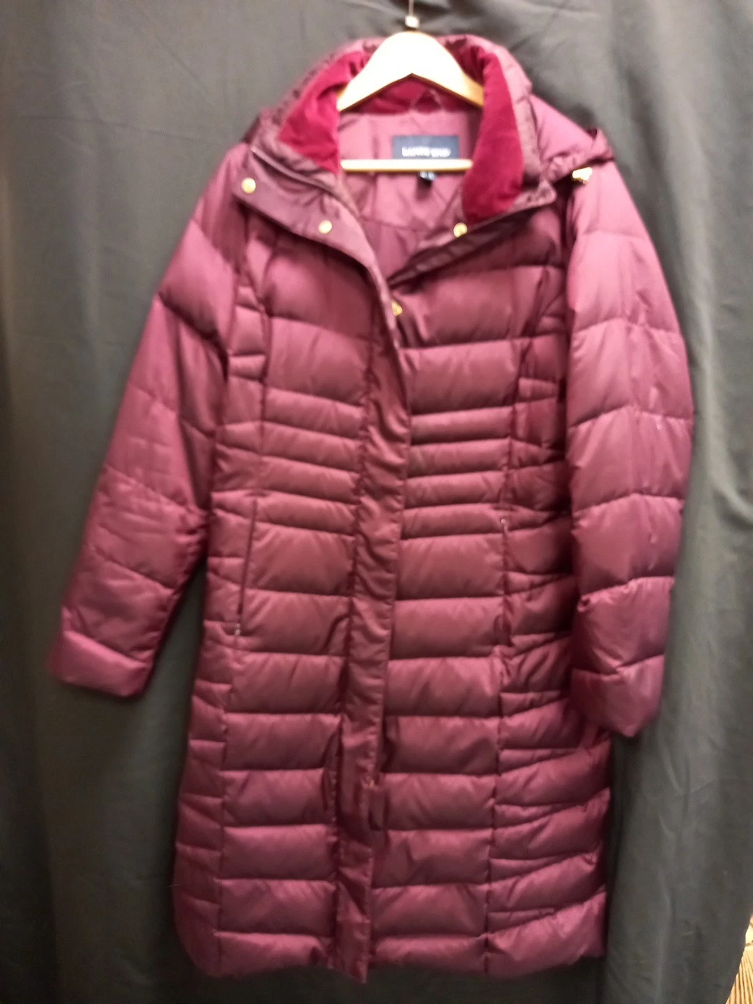 Lands End Long Puffer Coat With Feather Down, Burgandy With Hood (Newport) R