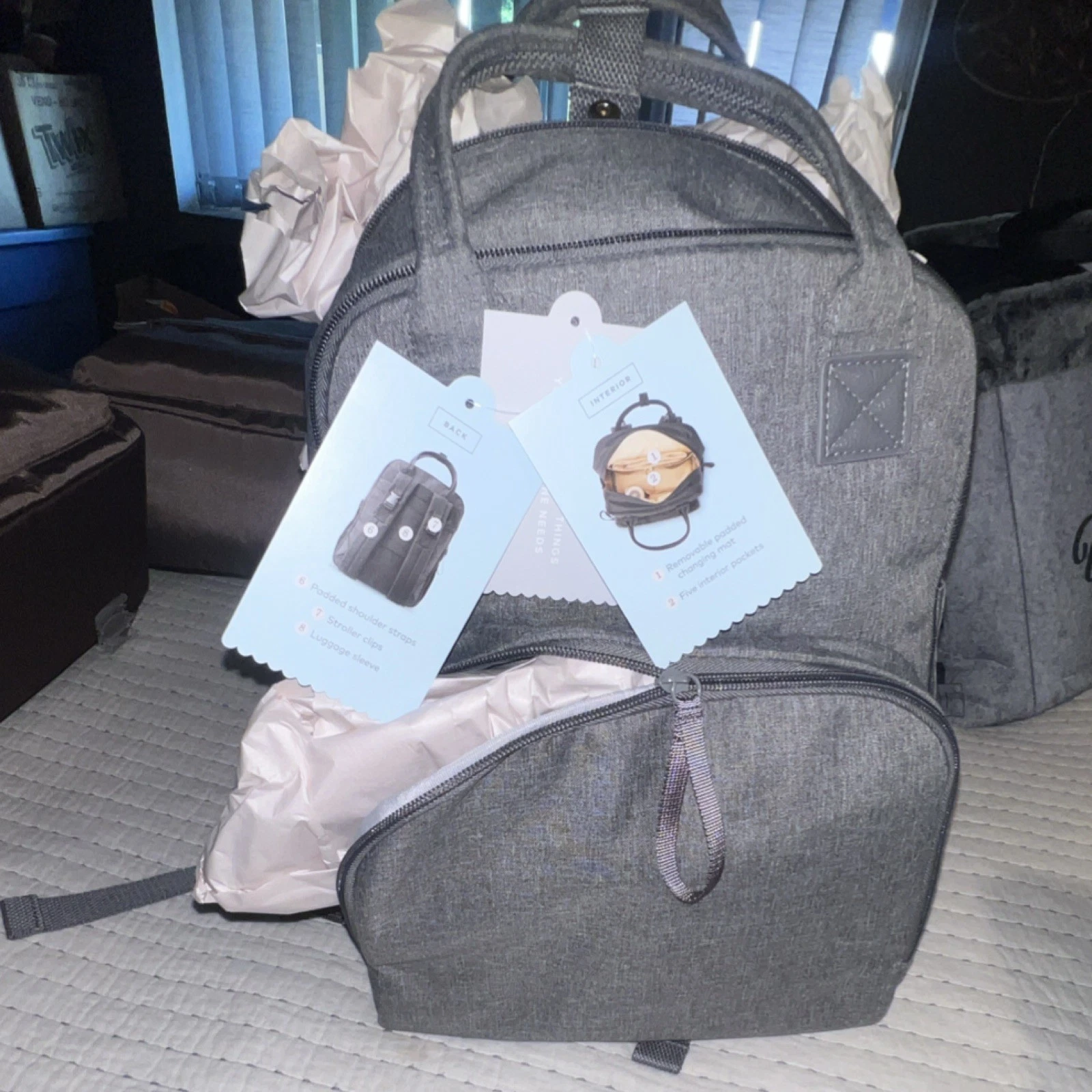 Cloud Island Cargo Diaper Backpack Gray Stroller Clips Removable Changing Mat