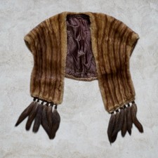 Vintage 1940s 50s Brown Real Mink Fur Stole Cape Shawl Wrap Mink Fur Tassels