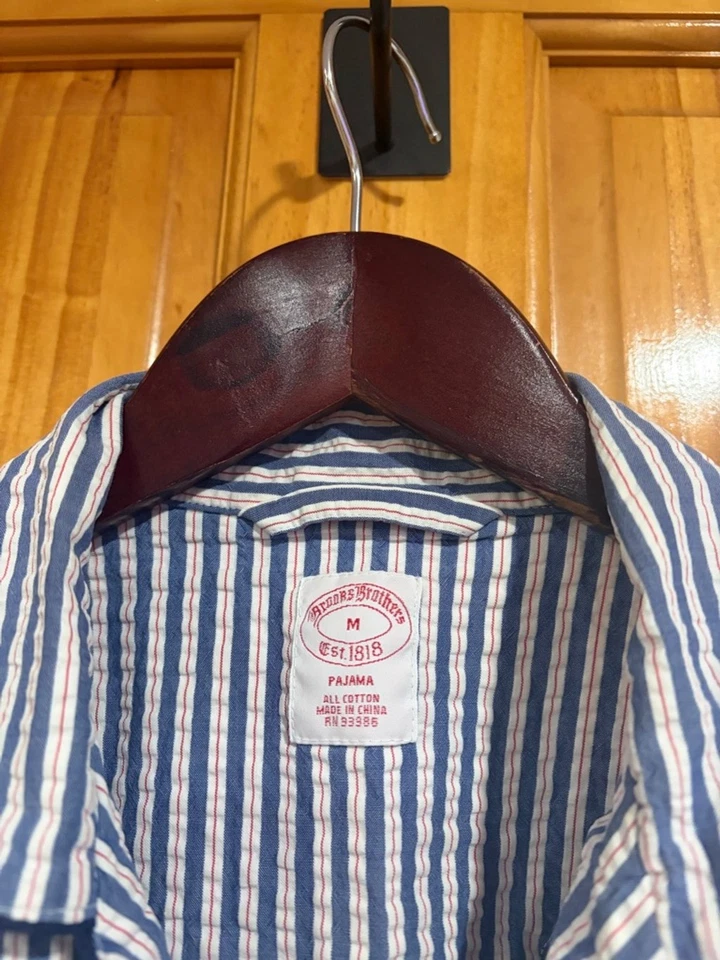 Conjunto de pijama Brooks Brothers masculino 100% algodão listrado clássico tamanho M azul branco - Imagem 2 de 4