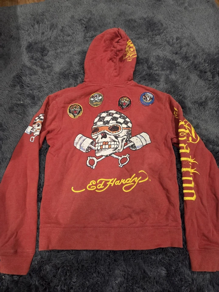 Y2k Ed Hardy Sudadera con Capucha Cremallera Completa Niños Talla 12 Parches Bordados Foto 4 de 4