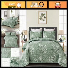 Sage Green California King Quilt Set - Botanical Floral Bedspread, Soft Microfib