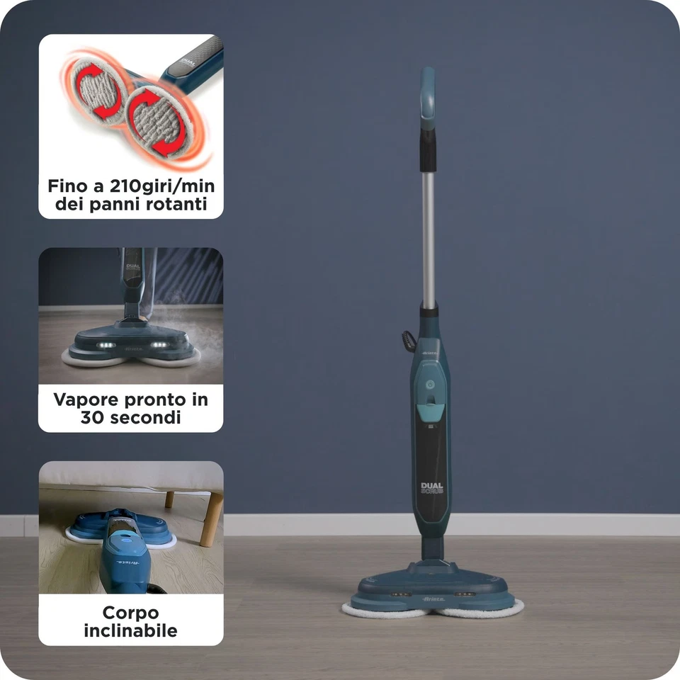 Ariete 4178 Dual Scrub Steam Scopa a vapore panni rotanti 1200W 2 velocità Blu - Immagine 3 di 4
