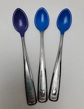 80 the First Years Stainless Baby Spoons Lot Of (3) Blue & Purple Soft Bite