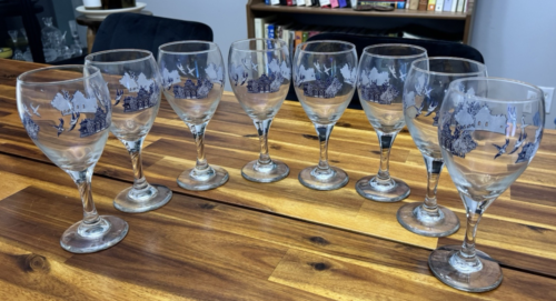 Set of 8 Johnson Brothers "Blue Willow" Wine Glasses/Goblets, England, EUC