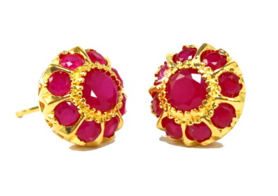 Lovely CZ Ruby Red Color Stud Earrings 22K Yellow Gold GP Thai Hand-Made GT26
