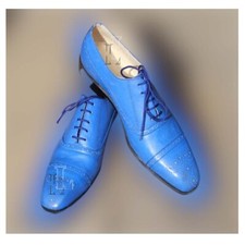 Handmade Men's Blue Cap Toe Brogue Genuine Leather Lace Up Shoes, Sale !!!
