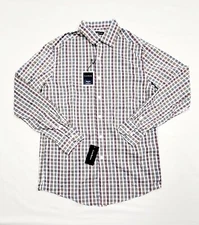 CLUB ROOM Men's Small White Karanda Red PERFORMANCE TECH Woven Plaid Shirt 40"