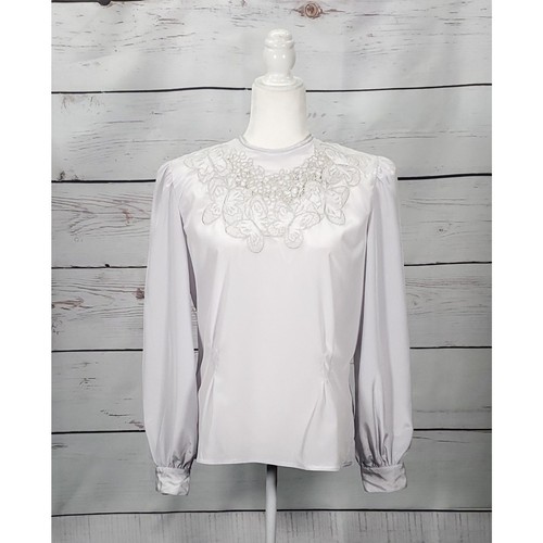 VTG 80s Romantic Coquette Satin Blouse Women's M/L Butterfly Lace Neck Party Top