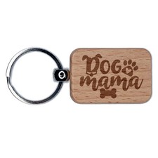 Dog Mama Mom Paw Print Engraved Wood Rectangle Keychain Tag Charm