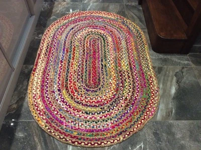 Eco Friendly Jute Recycled Cotton Multi Colour Oval Braided Reversible Area Rugs - Image 1 of 4