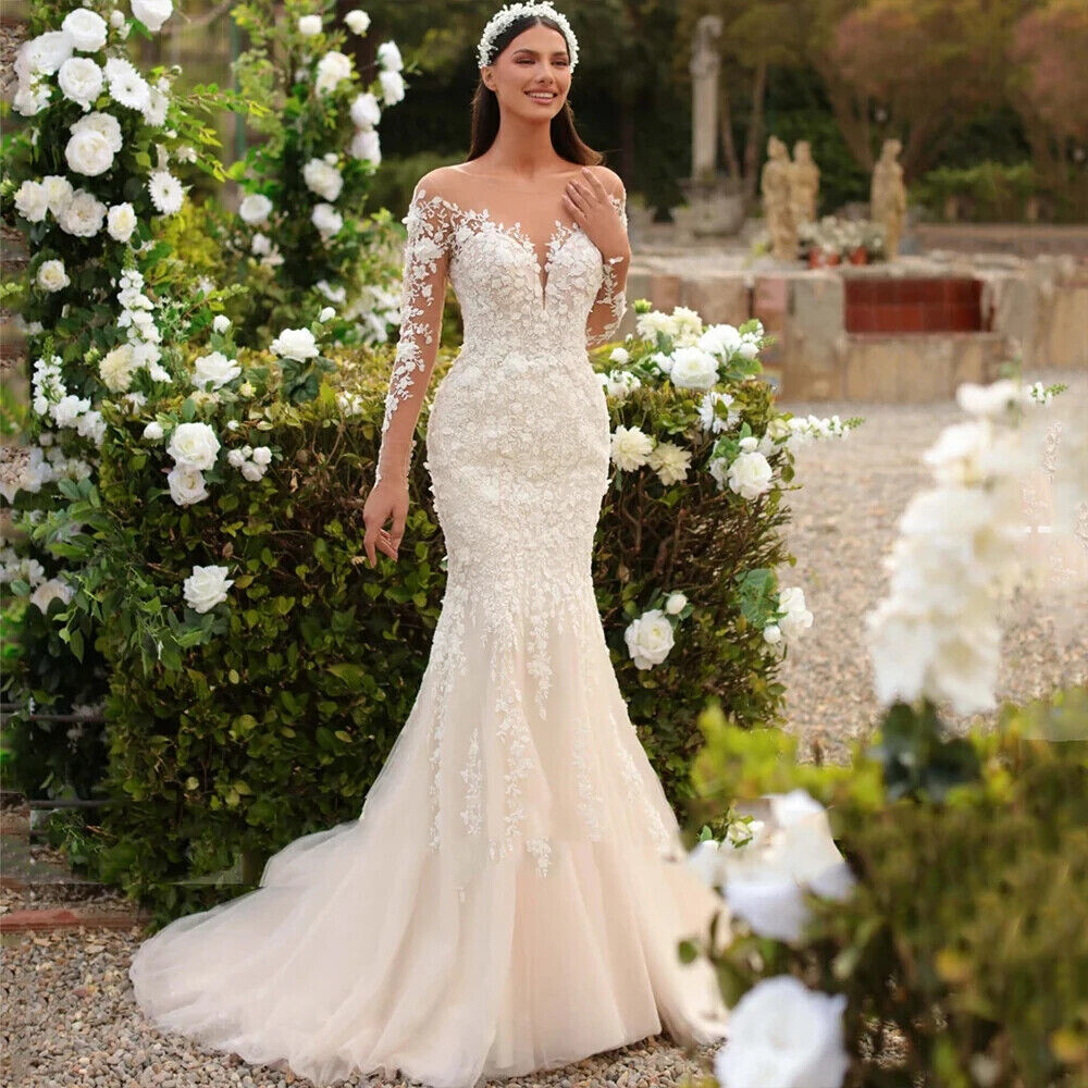 fitted lace wedding dress Mermaid Sweetheart Long Train Tulle Applique Wedding Dress