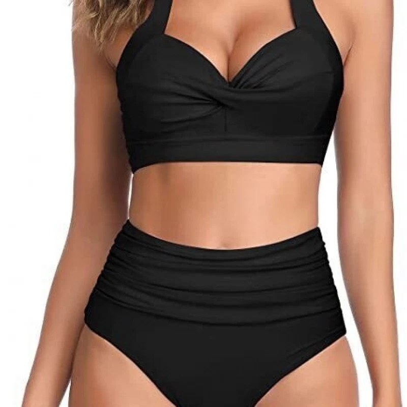 Damen High Waist Retro 2Tlg. Bademode Schwarz Mehrfarbig Bikini Set Sexy - Bild 2 von 4