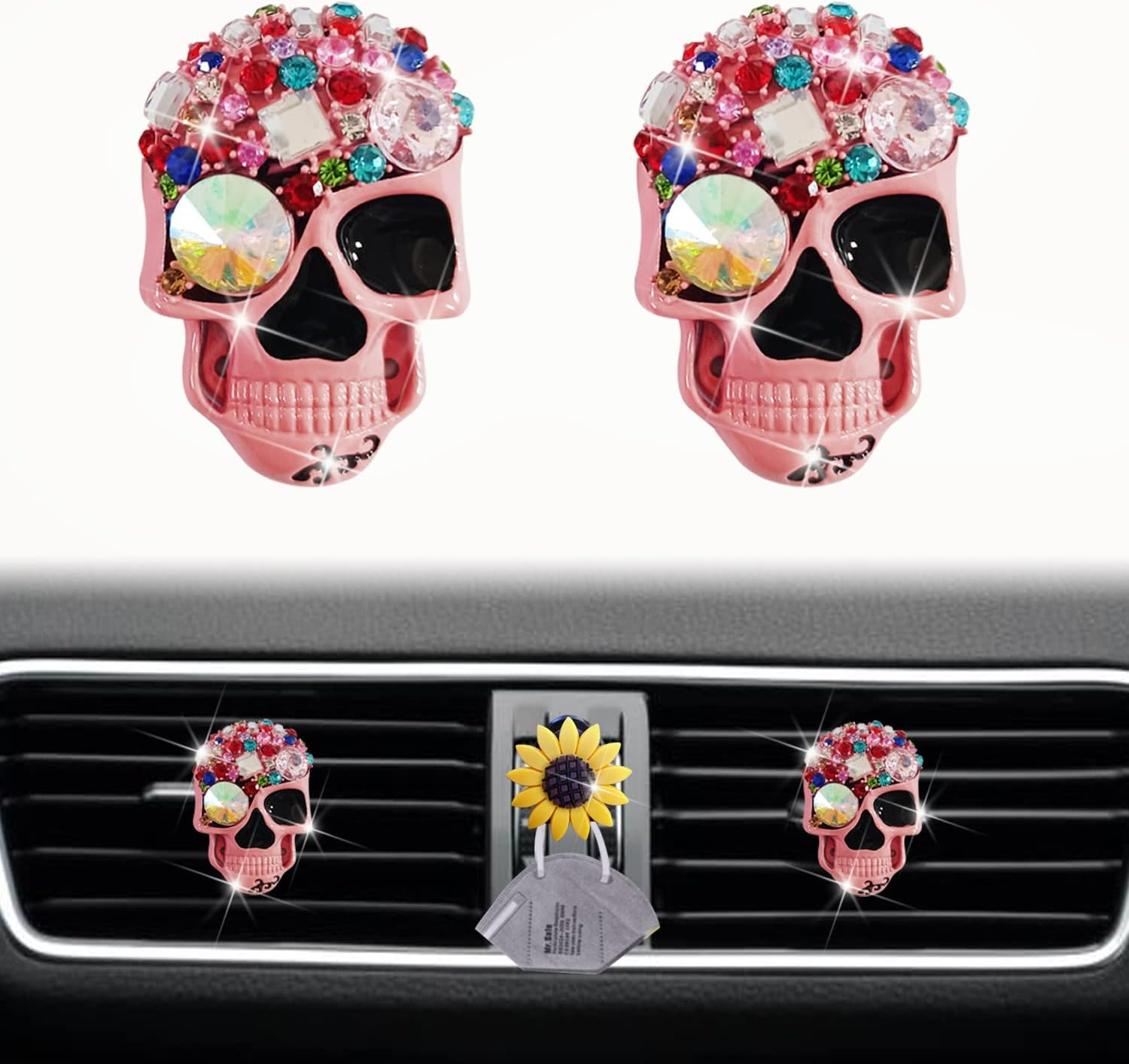 Pink Skull Air Vent Clips, 2 Pcs Bling Skeleton Car Air Fresheners Vents Clips F