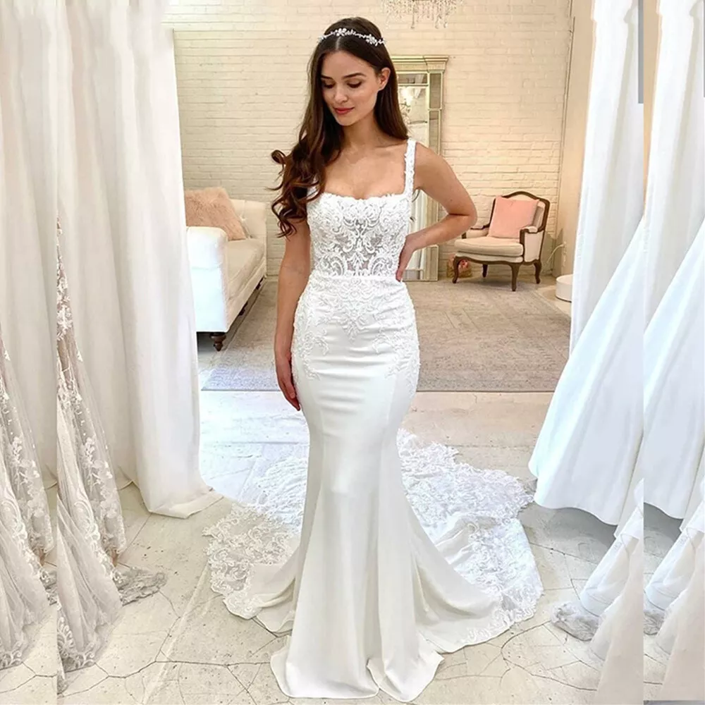 Satin Wedding Dresses Lace Appliques Wedding Gowns Square Neck