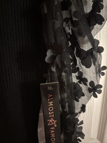 Almost Famous Dress Medium Black Stretch With Cut Out Flower Sleeve Bodycon - Picture 5 of 5