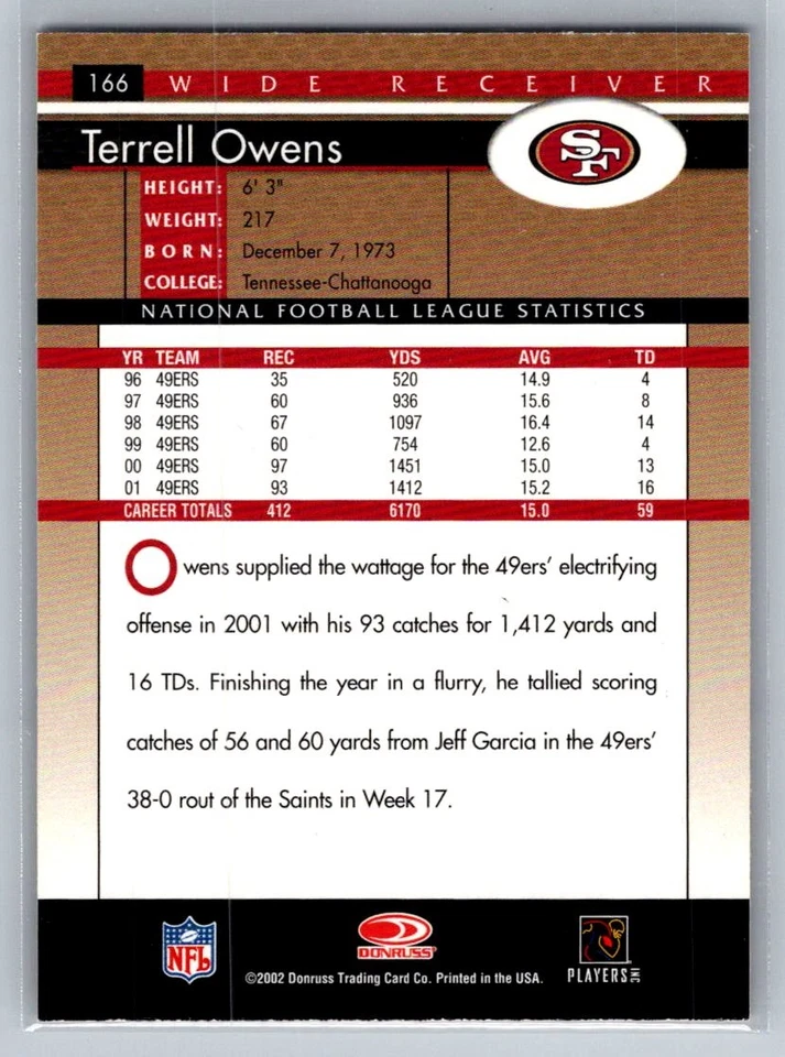 💎2002 Donruss Football #166 Terrell Owens - San Francisco 49ers💎 - Image 2 of 2