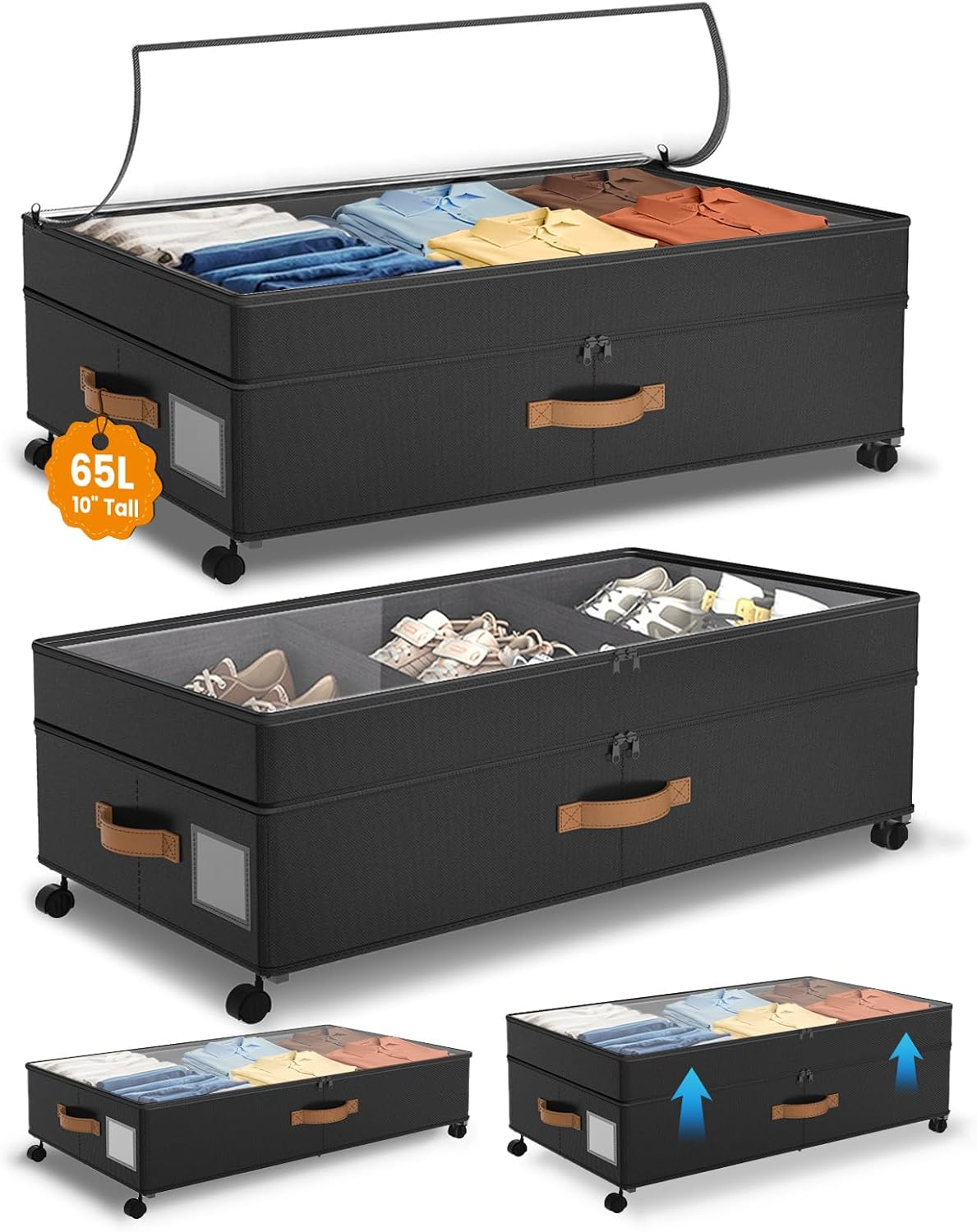 Under Bed Storage with Wheels, 10 inches Under Bed Storage Containers, 65L XXL L-image
