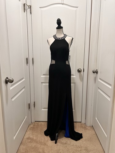 Sequin Hearts Black & Royal Blue Jeweled Halter Gown Size 7 NWT