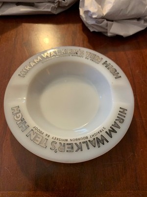 Vintage Hiram Walker's  Bourbon Whiskey Ceramic Ashtray white