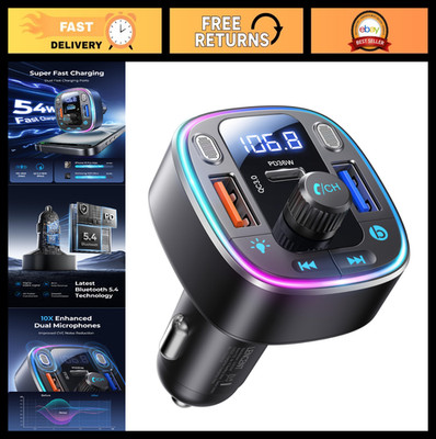 Bluetooth FM Transmitter Car Adapter 54W Fast Charging, Dual Mics, HiFi Sound, L