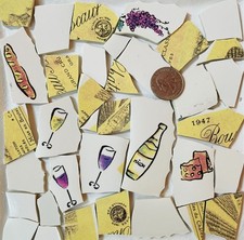 Broken China Mosaic Wine Party Bottle Glasses Bread Cheese Tiles F305