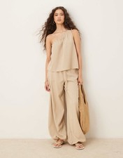 ASOS Palazzo Drawstring Pants One Shoulder Blouse Set Crinkle Flowy