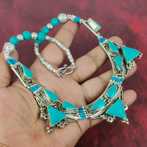 Turquoise Tibetan Gemstone Necklace 925 Silver Handmade Antique Nepali Jewelry - Video 1 of 1