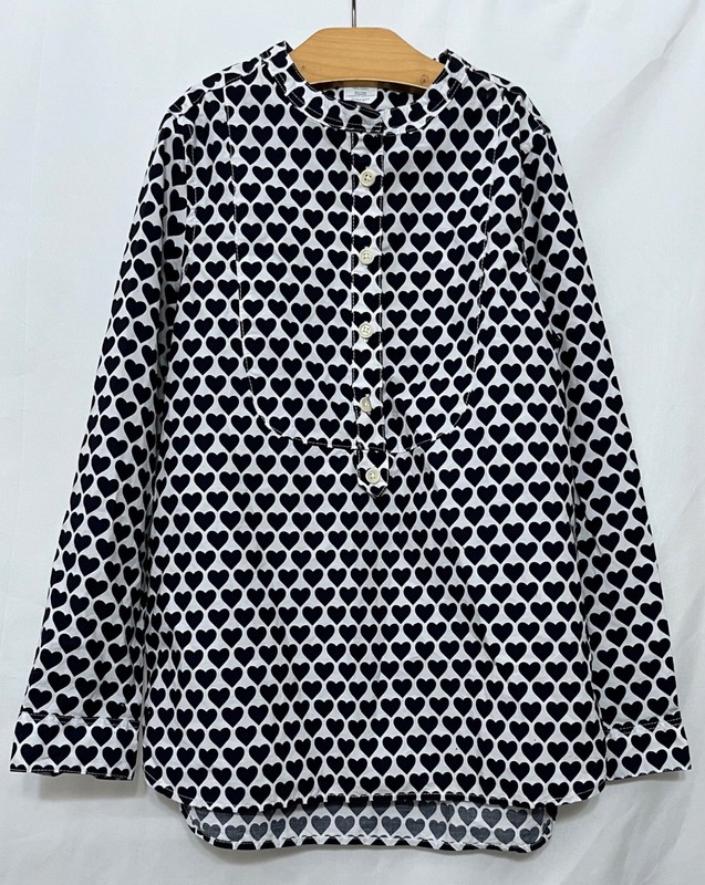 260046 Girls 8 CREWCUTS Navy Blue White Hearts Print L/S Tunic Blouse Top EUC