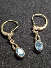 Vintage Rolled Gold Blue Topaz  Leverback Drop Earrings Oval Dangle