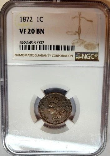 Nice 1872 Indian Head Penny Cent 1C NGC VF-20 Very Fine - Better Date
