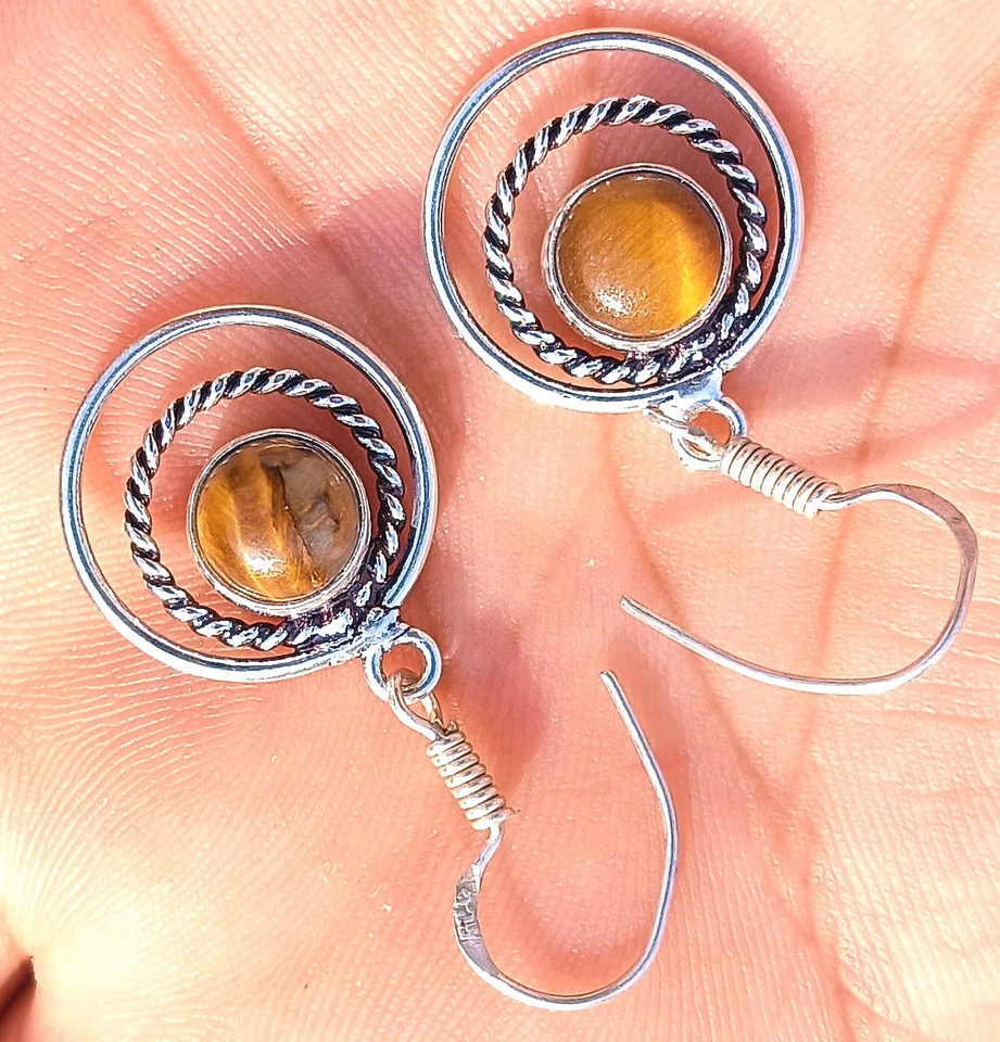 Piedras preciosas ojo de tigre marrón enchapado en plata de ley 925 1 pieza pendientes joyas de Navidad Foto 3 de 3