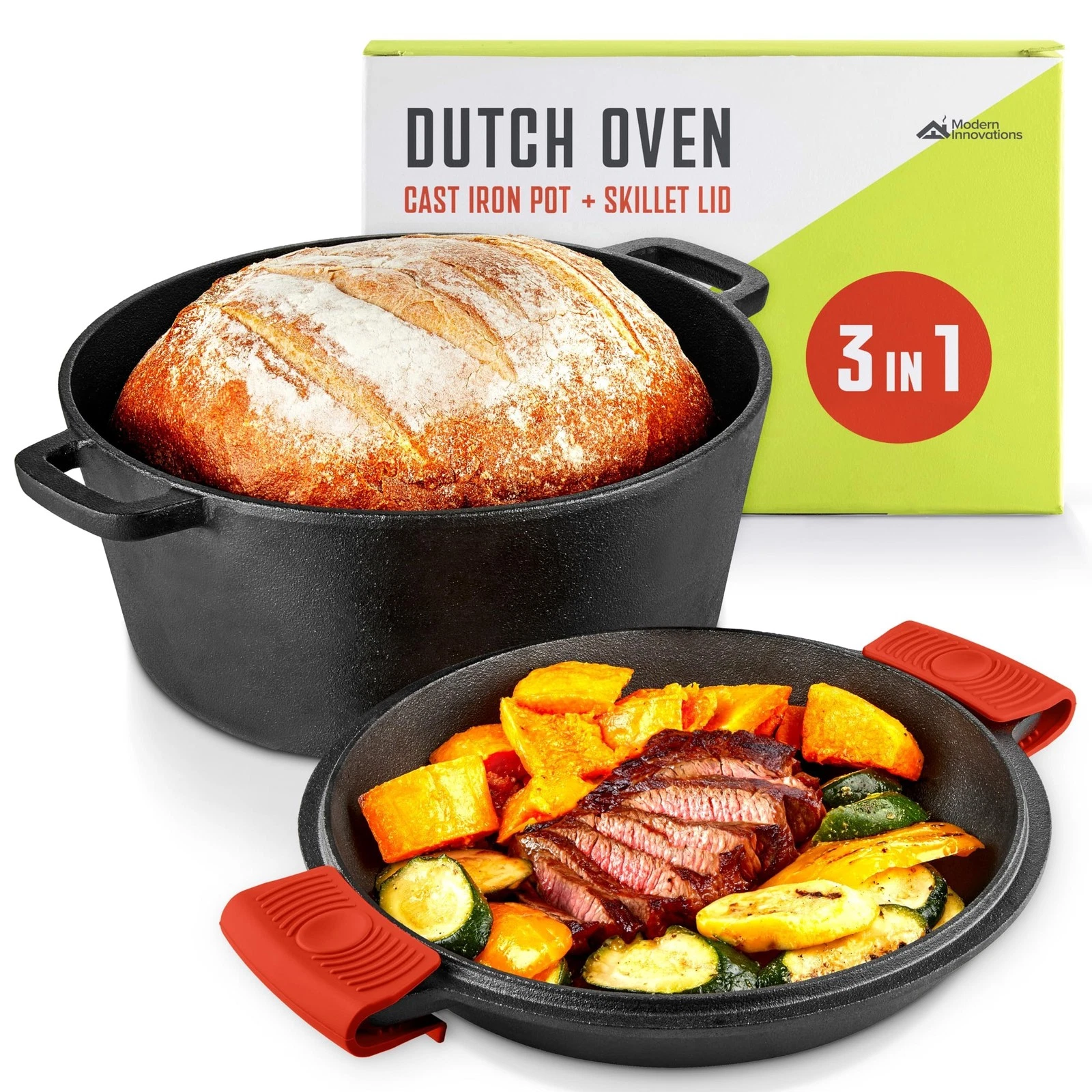 3-in-1 Dutch Oven & Skillet Combo, Preseasoned Cast Iron Cookware Set, 5QT Du...