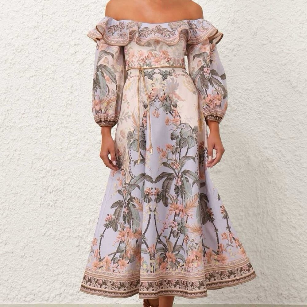 ZIMMERMANN Off Shoulder Floral Chiffon Midi Dress XL Balloon Sleeves Belted 
