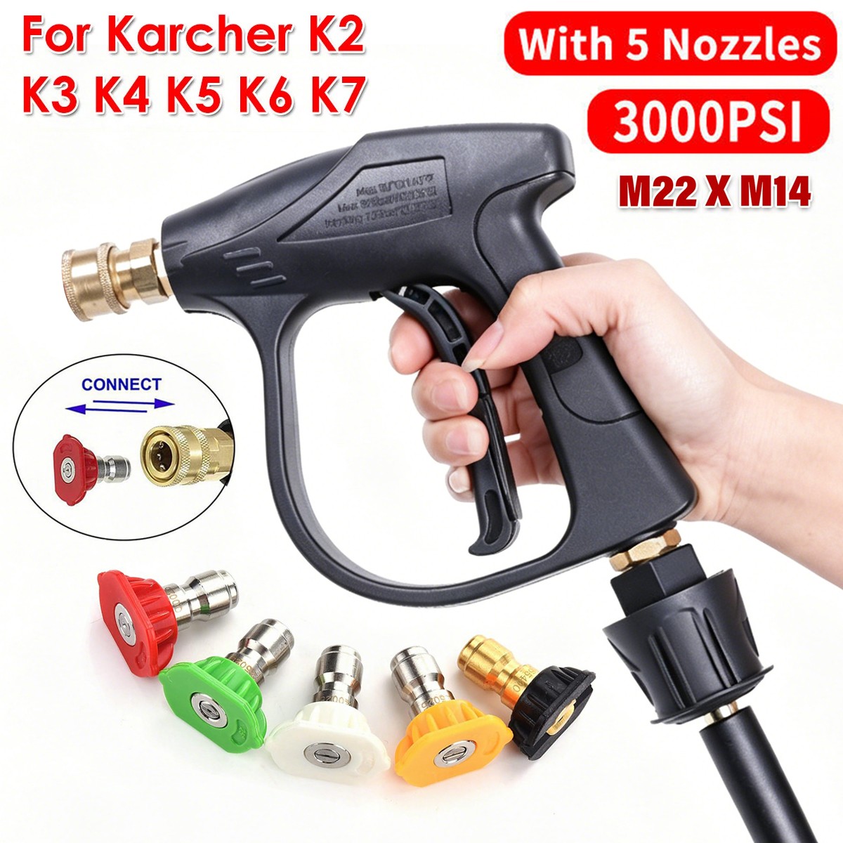 High Pressure Washer Spray Gun Jet Lance with 5 Nozzle and M22 Connector Adapter