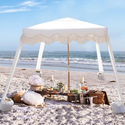 Beach Cabana with Fringe, 7' x 7' Boho Beach Canopy with Tassels, Easy Set up &