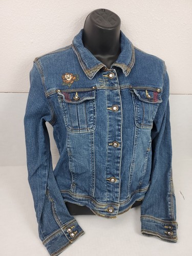 Arizona Jean Co. Denim Blue Jean Jacket Girl's Size L Youth Embroidered Guitars - Picture 2 of 12