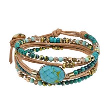 Faceted Oval Turquoise Mix Stones Natural Leather Wrap Multiwear Bracelet